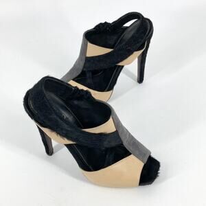 Aperlai Paris Womens Black Gray Tan Leather Pony Peep Toe Heels Size 38 1/2